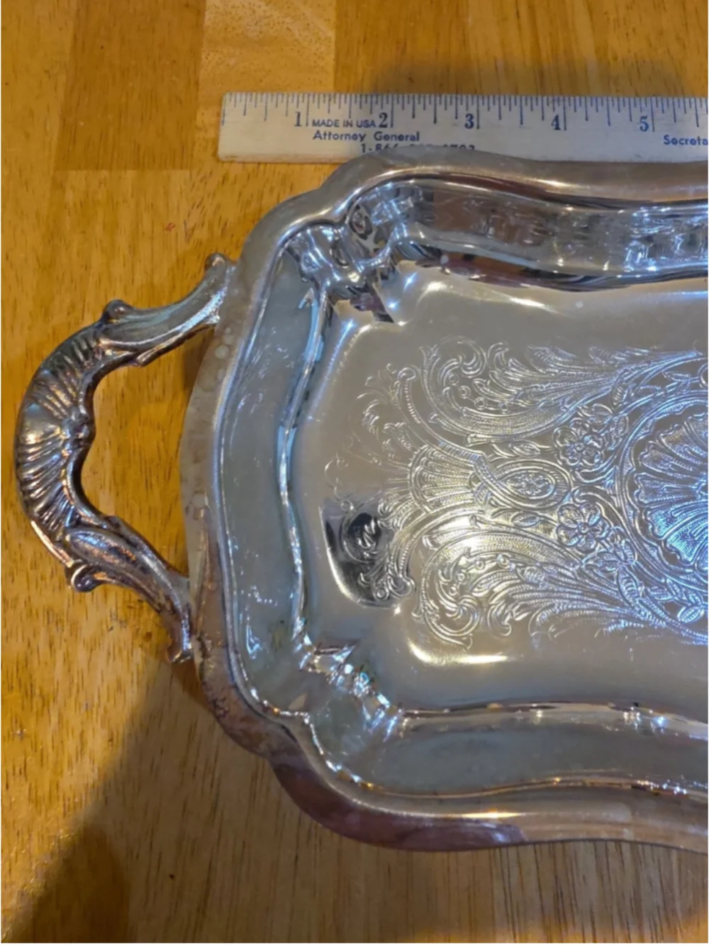 Vintage Leonard Silverplate Handled Butler Tray, Ornate Etched Scalloped Platter